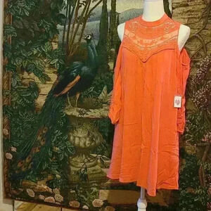 🛑 NWT AUW Womens Cold Shoulder Flowy Orange Rayon Dress w/Lace Detail Size XL